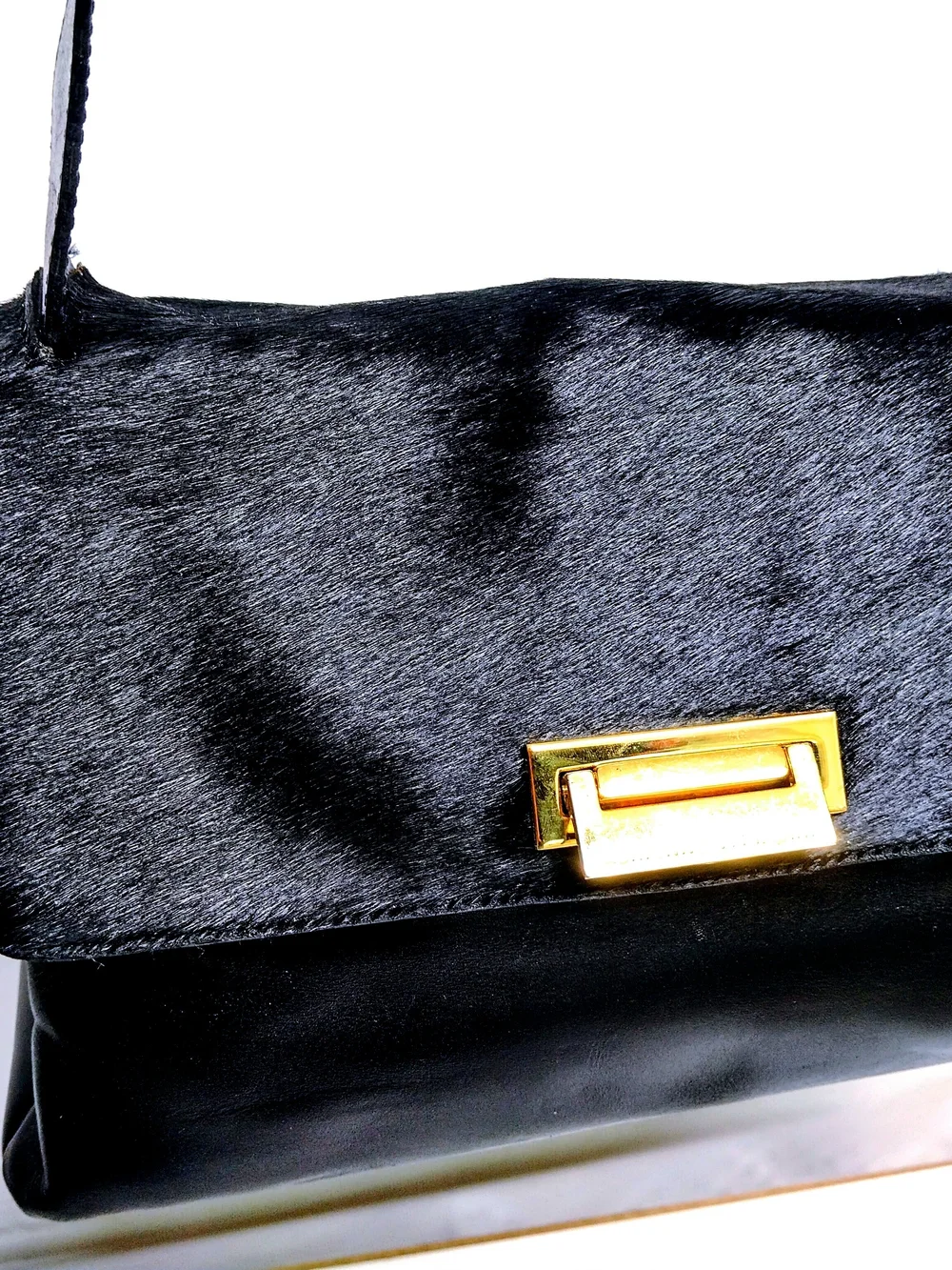 Black Leather and Haircalf Shoulder Bag with Gold Hardware From Adrienne Vittadi